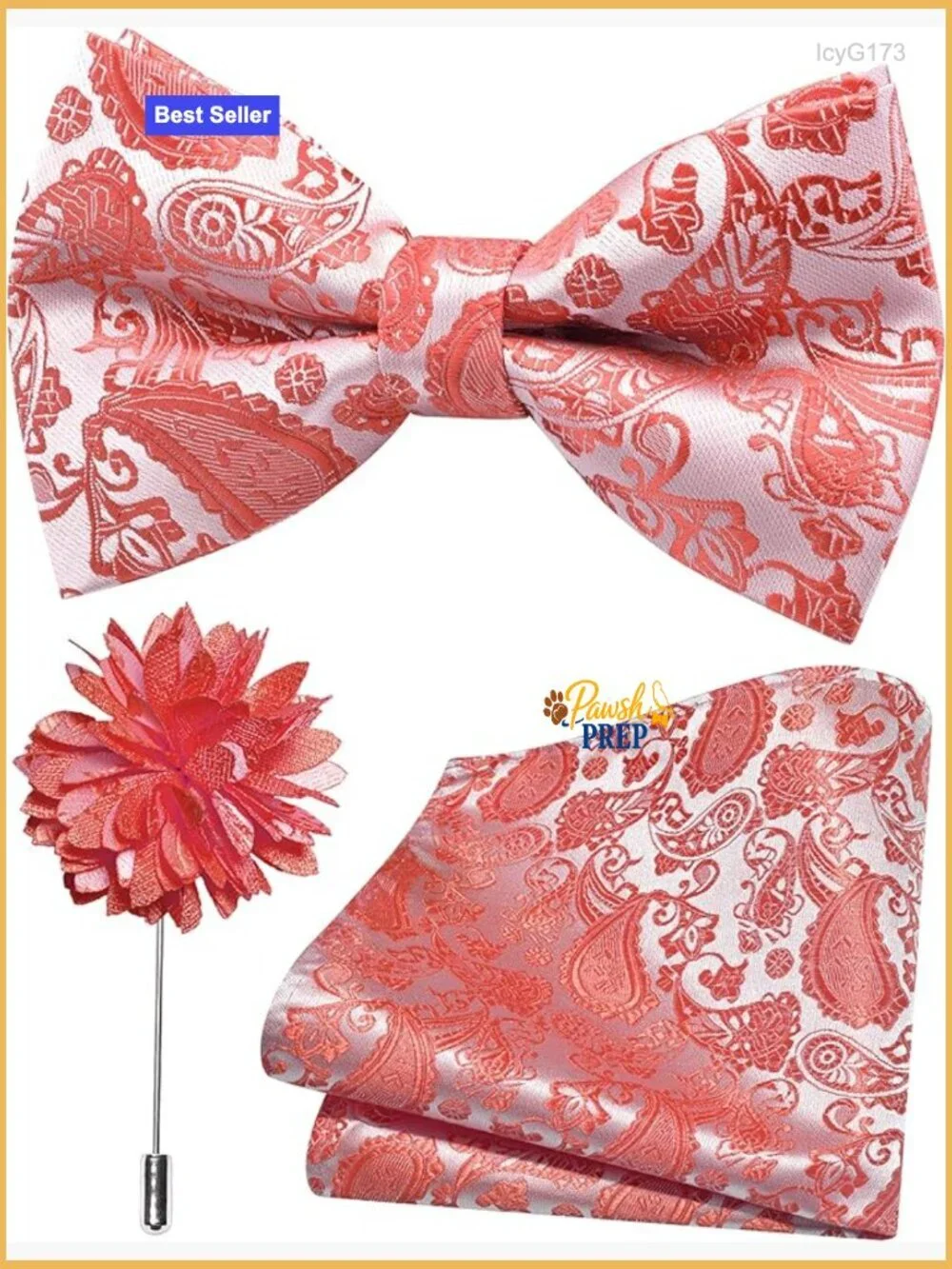 Silk Blend Paisley Bow Tie Pocket Square Lapel Pin Set